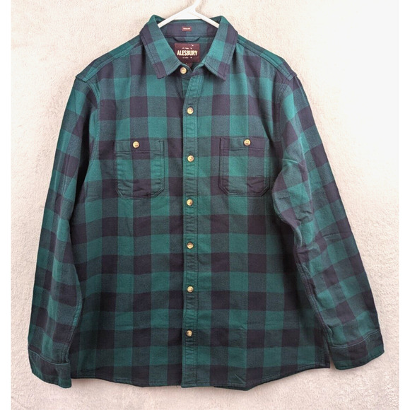 Alesbury sz M regular Flannel Shirt green & dark blue buttons long sleeve 8010 - Picture 1 of 4